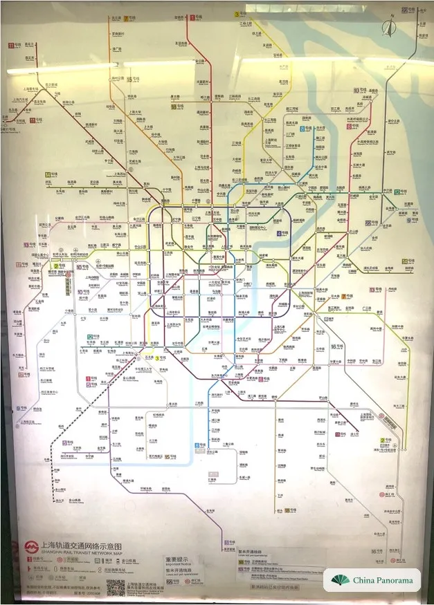 Schematic network map of the Shanghai Metro on a station wall with all lines in their colours
