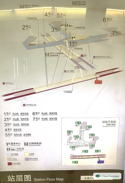 Station map of Jiao Tong University station in Shanghai with exits 1 to 7, the Line 10 and 11 platforms, lifts and toilets, with a table below listing which exit leads to which street