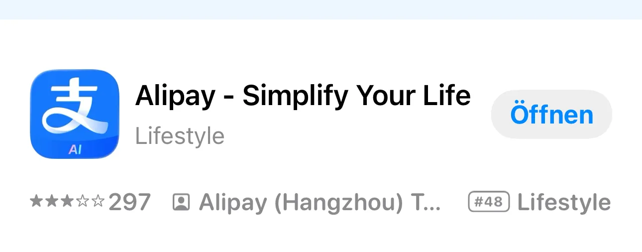 App Store search result: Alipay – Simplify Your Life, category Lifestyle, developer Alipay (Hangzhou) Technology