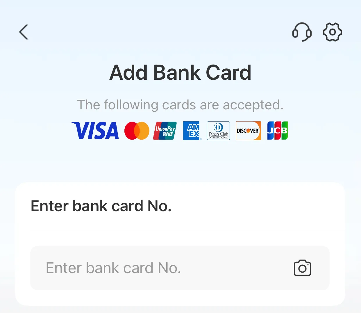 Alipay page “Add Bank Card”: The following cards are accepted, with the logos of Visa, Mastercard, UnionPay, American Express, Diners Club, Discover and JCB, below it the field Enter bank card No. with a camera icon