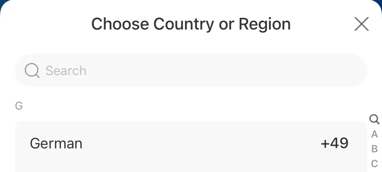 Alipay list “Choose Country or Region” with the entry German +49 under the letter G