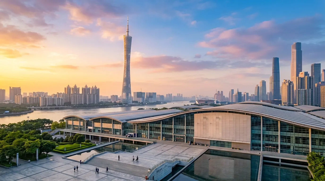 AI-generated illustration, not a photograph: a long exhibition hall with a curved roof and a reflecting pool at sunset, the Canton Tower and the Pearl River behind it