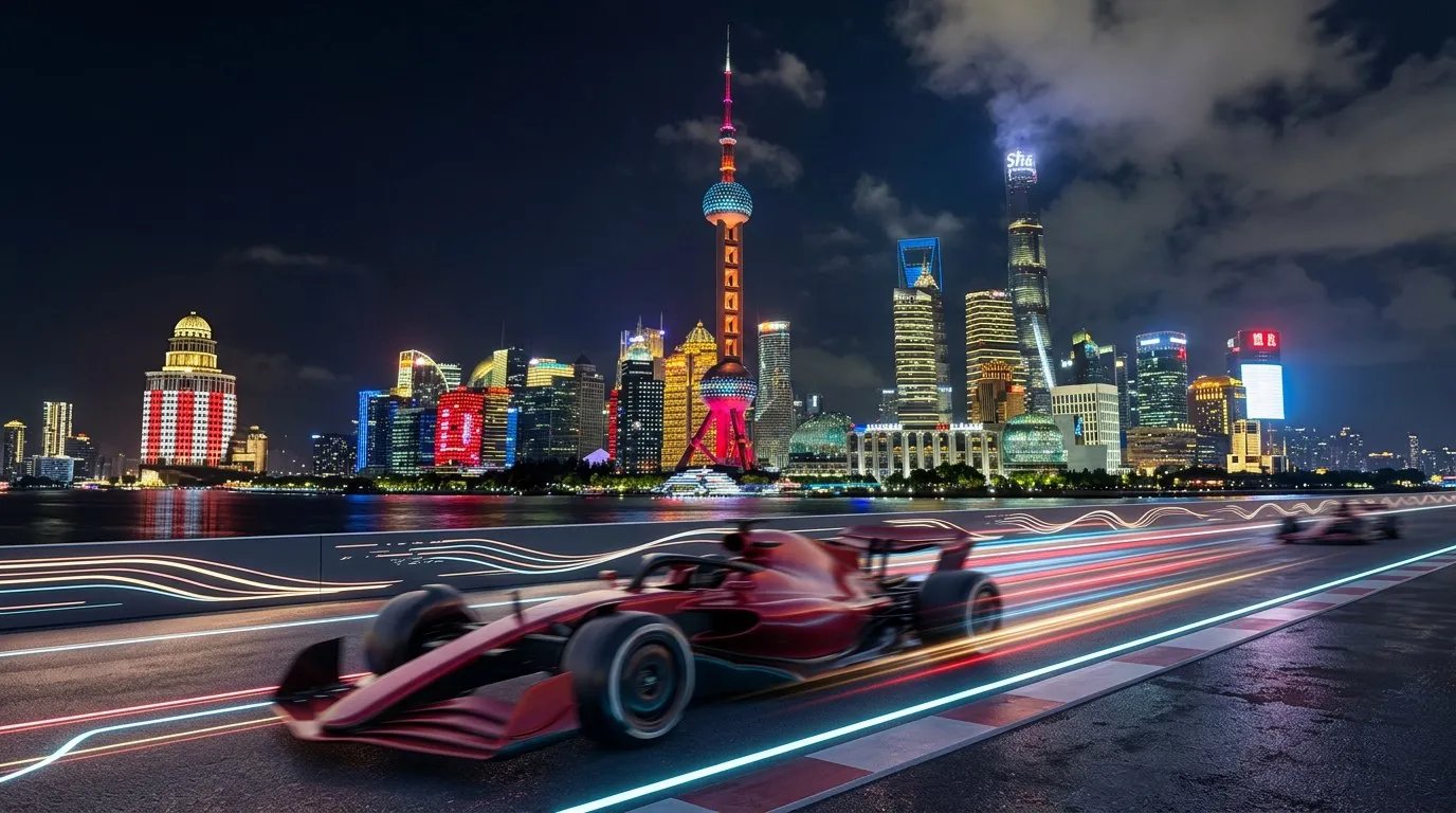AI-generated illustration, not a photograph: a red Formula 1 car speeds along a riverside track with light trails at night, the lit-up Lujiazui skyline with the Oriental Pearl Tower and the Shanghai Tower across the river behind it