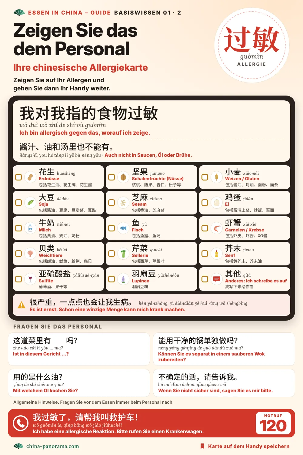 Chinesische Allergiekarte zum Vorzeigen im Restaurant: der Satz „Ich bin allergisch gegen das, worauf ich zeige“ auf Chinesisch, 14 Allergene mit Chinesisch, Pinyin und versteckten Quellen, Fragen nach sauberem Wok und Kochöl und eine Notfallzeile, um unter 120 einen Krankenwagen zu rufen.