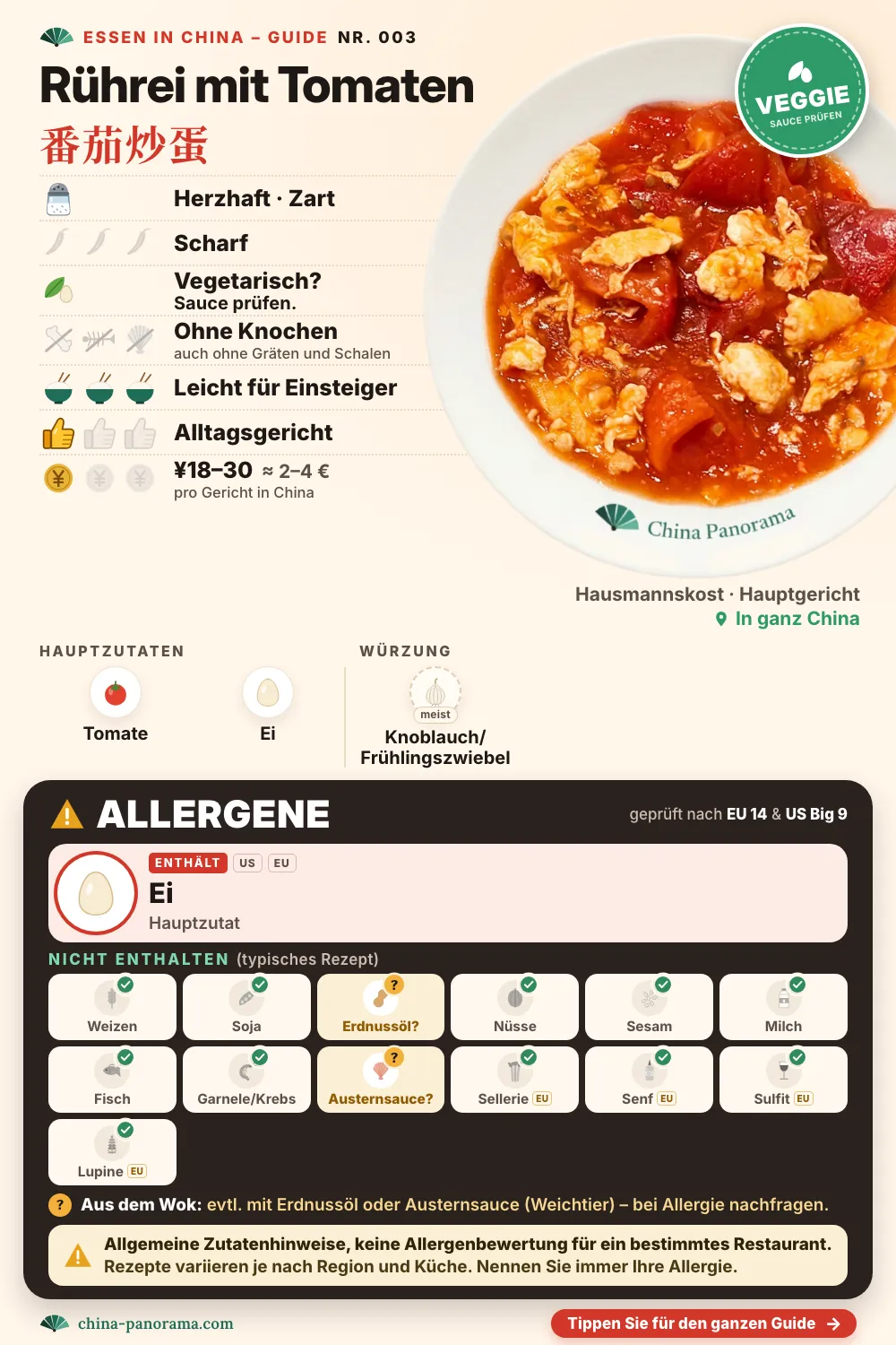 Gerichtkarte für Rührei mit Tomaten (番茄炒蛋): Foto des Gerichts, dazu Symbole – enthält Ei, vegetarisch, wenn man bei der Sauce nachfragt, herzhaft, nicht scharf, ohne Knochen und Schalen, etwa ¥18–30.