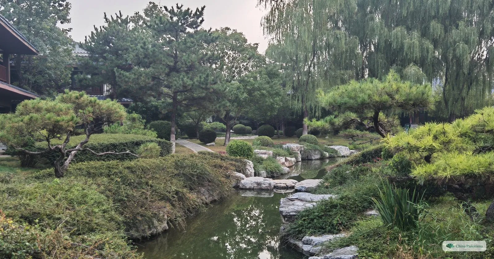 A quiet garden of clipped pines, rocks and a stream in Beijing Garden Expo Park