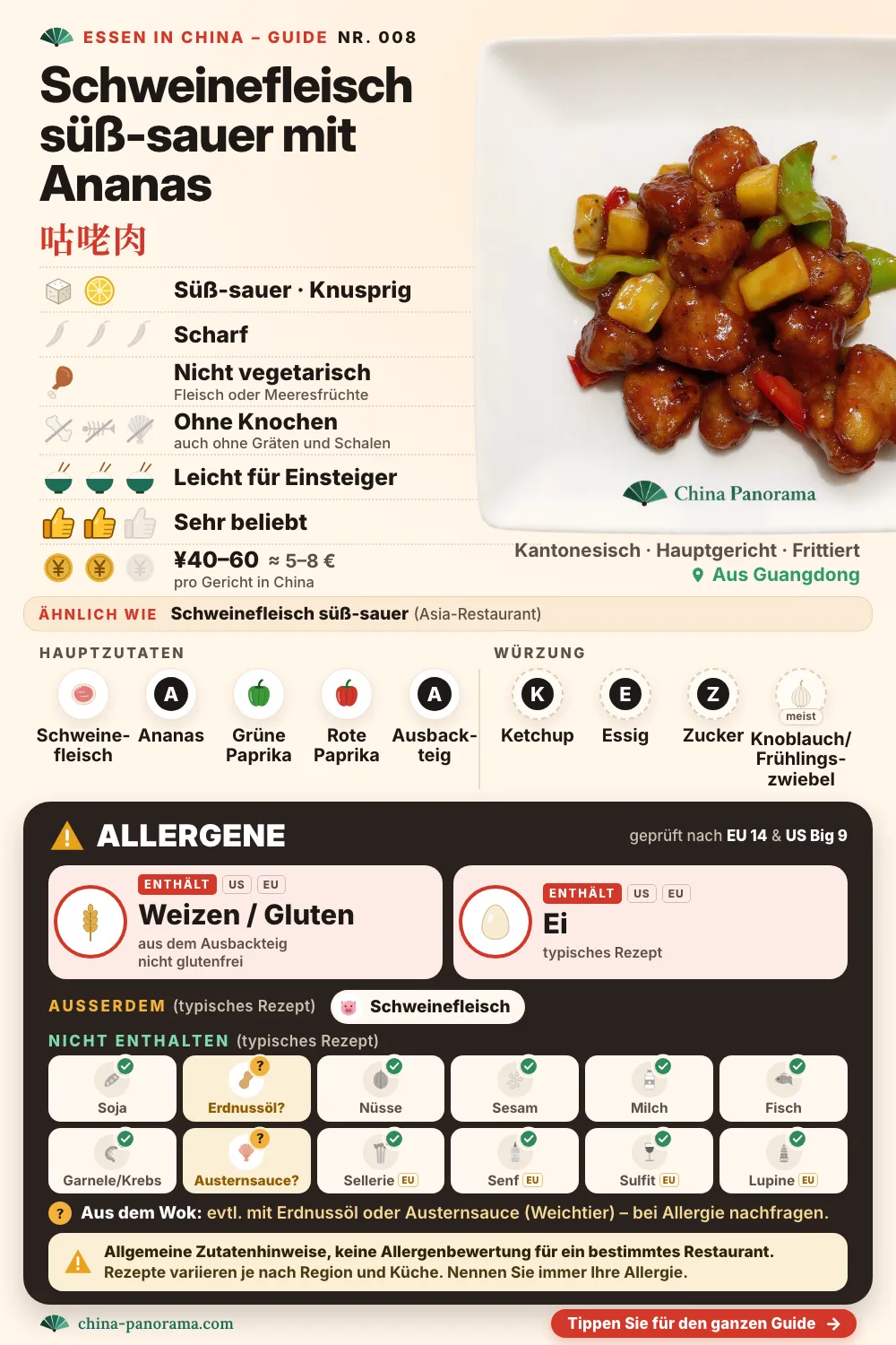 Gerichtkarte für Schweinefleisch süß-sauer mit Ananas (咕咾肉): Foto des Gerichts, dazu Symbole – enthält Weizen / Gluten und Ei, nicht vegetarisch, süß-sauer im Geschmack, nicht scharf, ohne Knochen und Schalen, etwa ¥40–60.