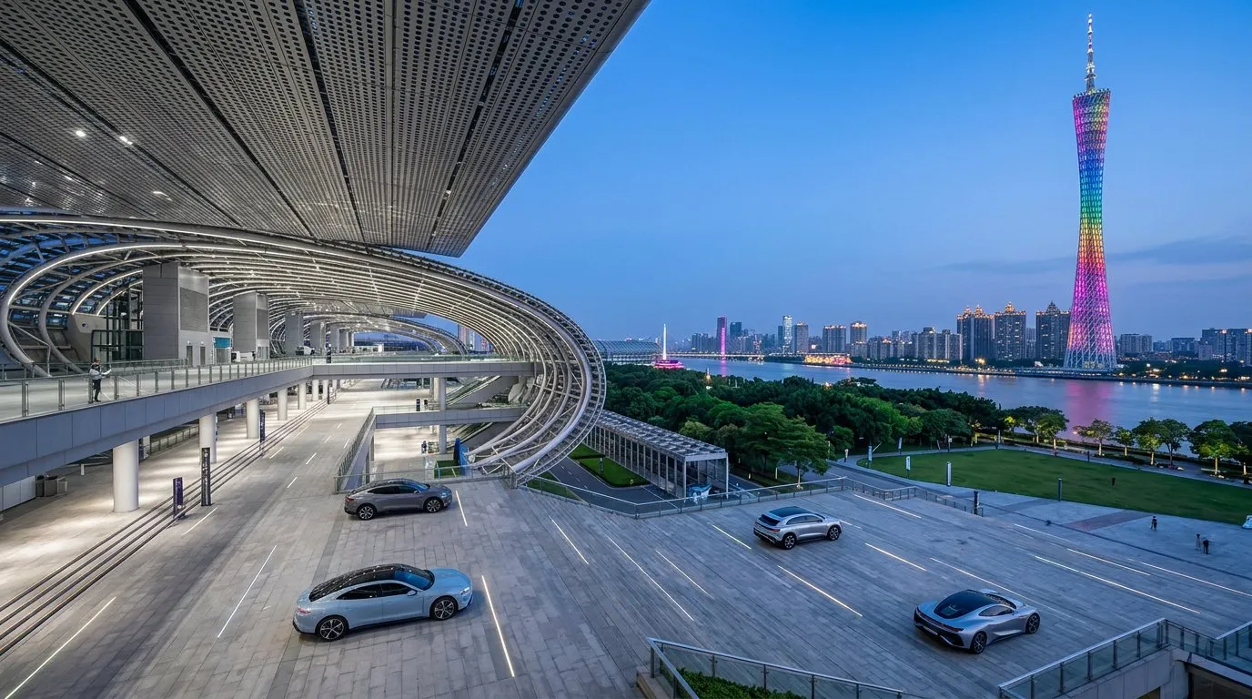 AI-generated illustration, not a photograph: four silver concept cars without badges on the forecourt of an exhibition hall with a long curved roof at dusk; the Pearl River and the lit-up Canton Tower behind