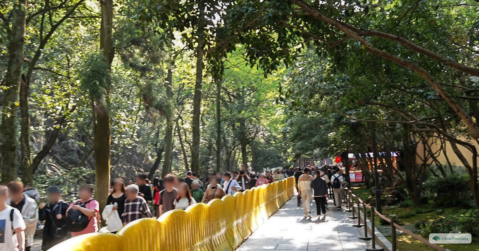 A broad path beside a long yellow wall under tall trees, packed with visitors