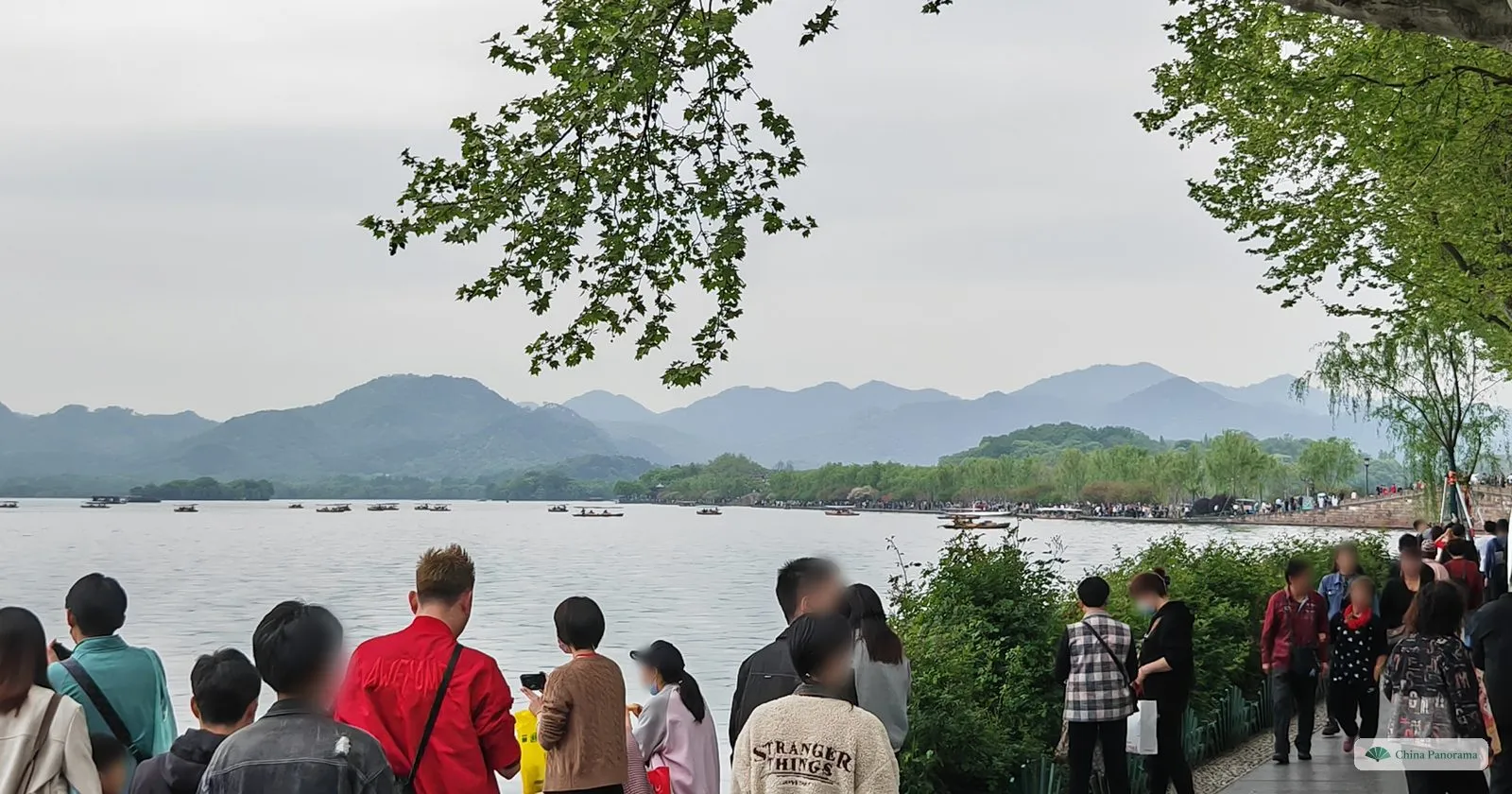 People looking out over a lake to a line of blue mountains and a long willow causeway