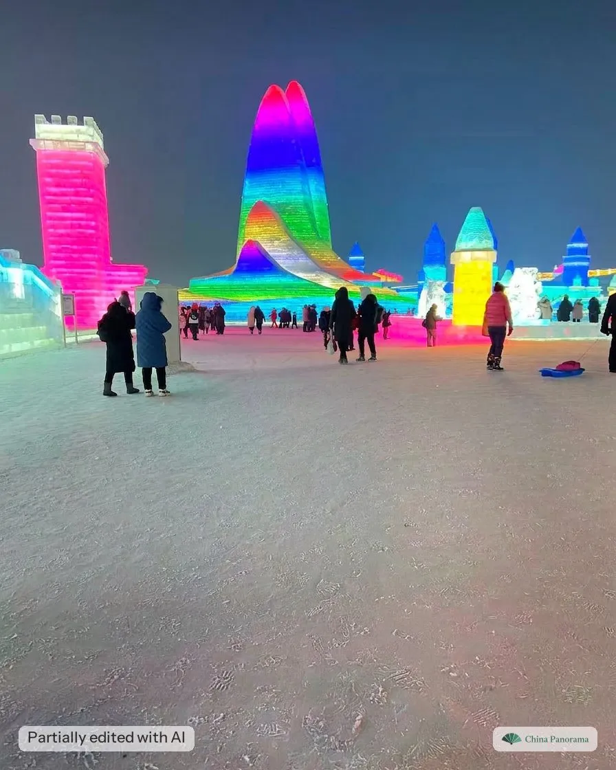Rainbow-lit ice towers at Harbin Ice and Snow World at night