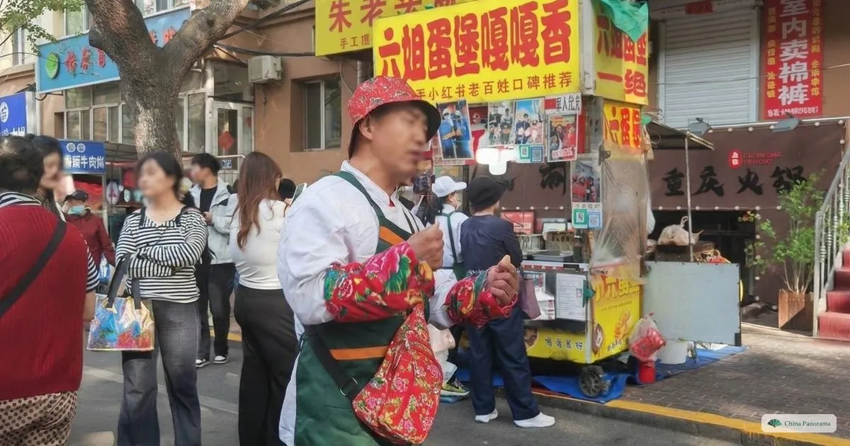 A vendor at the Hongzhuanjie morning market in Harbin in front of stacked food stalls