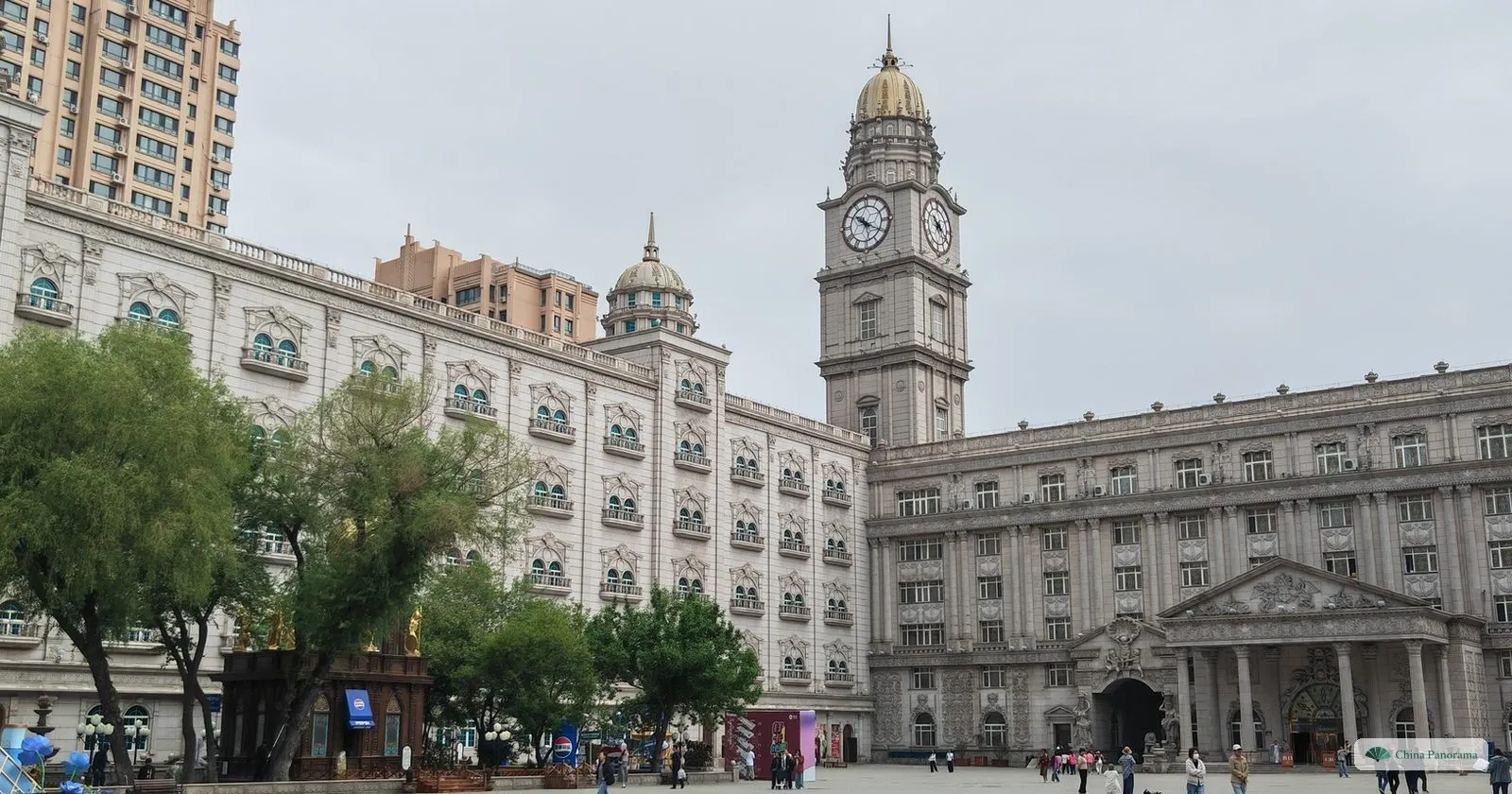 The palace-style headquarters of Harbin Pharmaceutical Factory No. 6 with its clock tower