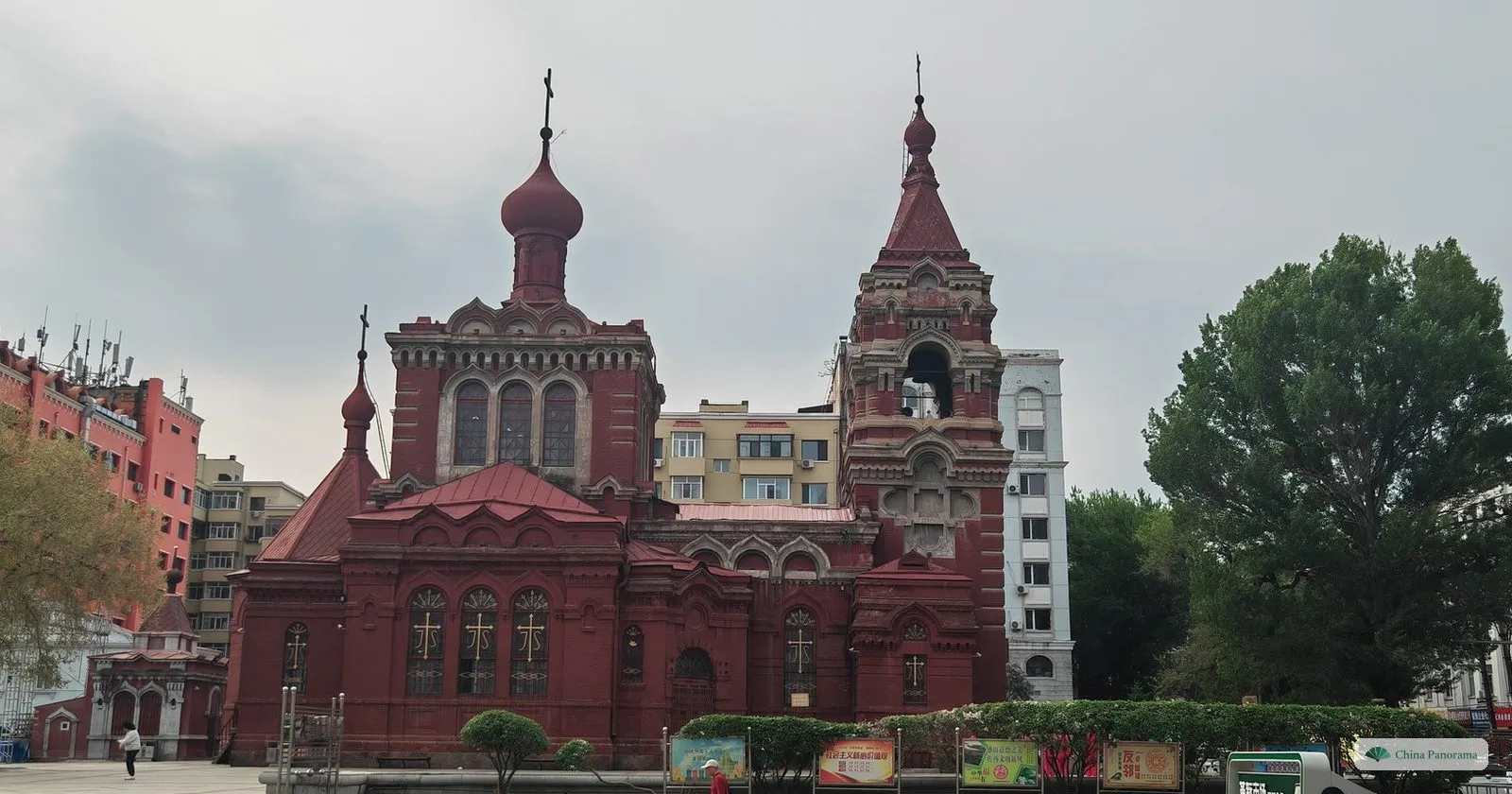 St. Alexeyev Church on Gogol Street in Harbin, a red-brick church with a green spire