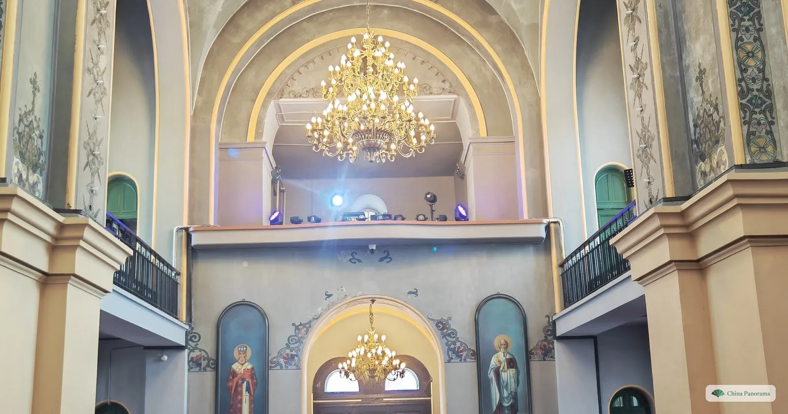 Interior of St. Sophia Cathedral in Harbin, now the Harbin Architecture Art Museum, with a chandelier under the arches