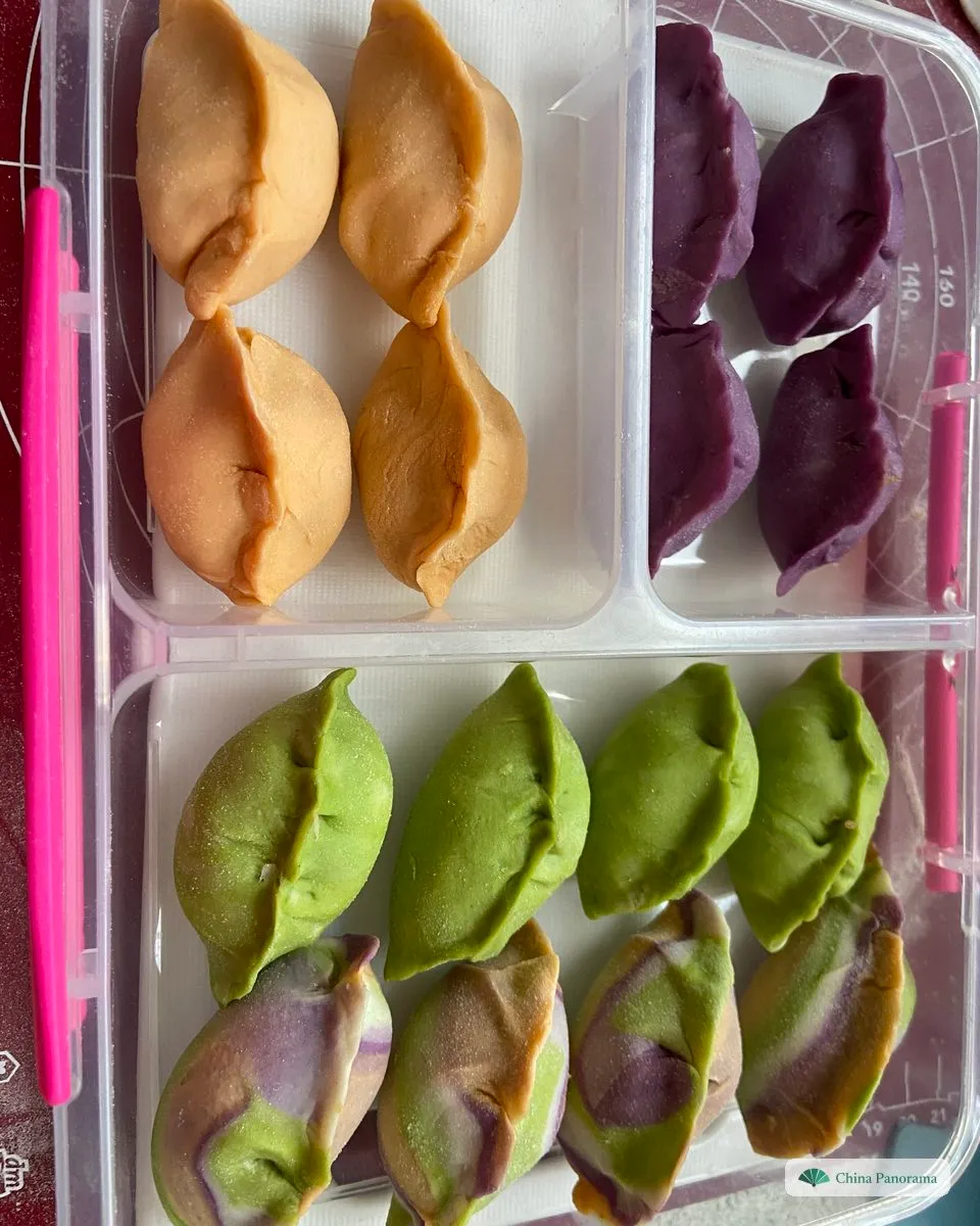 Raw dumplings in a divided plastic box: four pale orange, four deep purple, four green, and four marbled in green, purple and orange