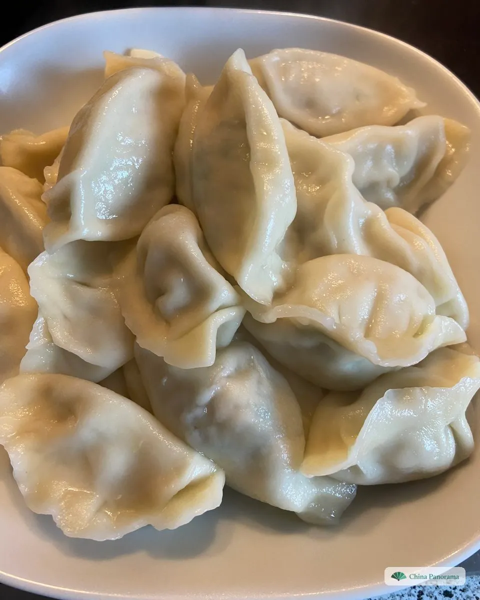 A square white bowl heaped with glossy boiled dumplings, some with pleated edges, some pinched into a plain ridge