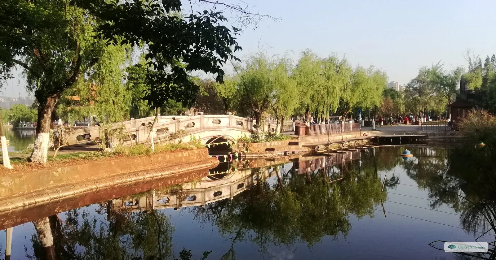 A small white arched bridge and willows reflected in a still canal in early morning light