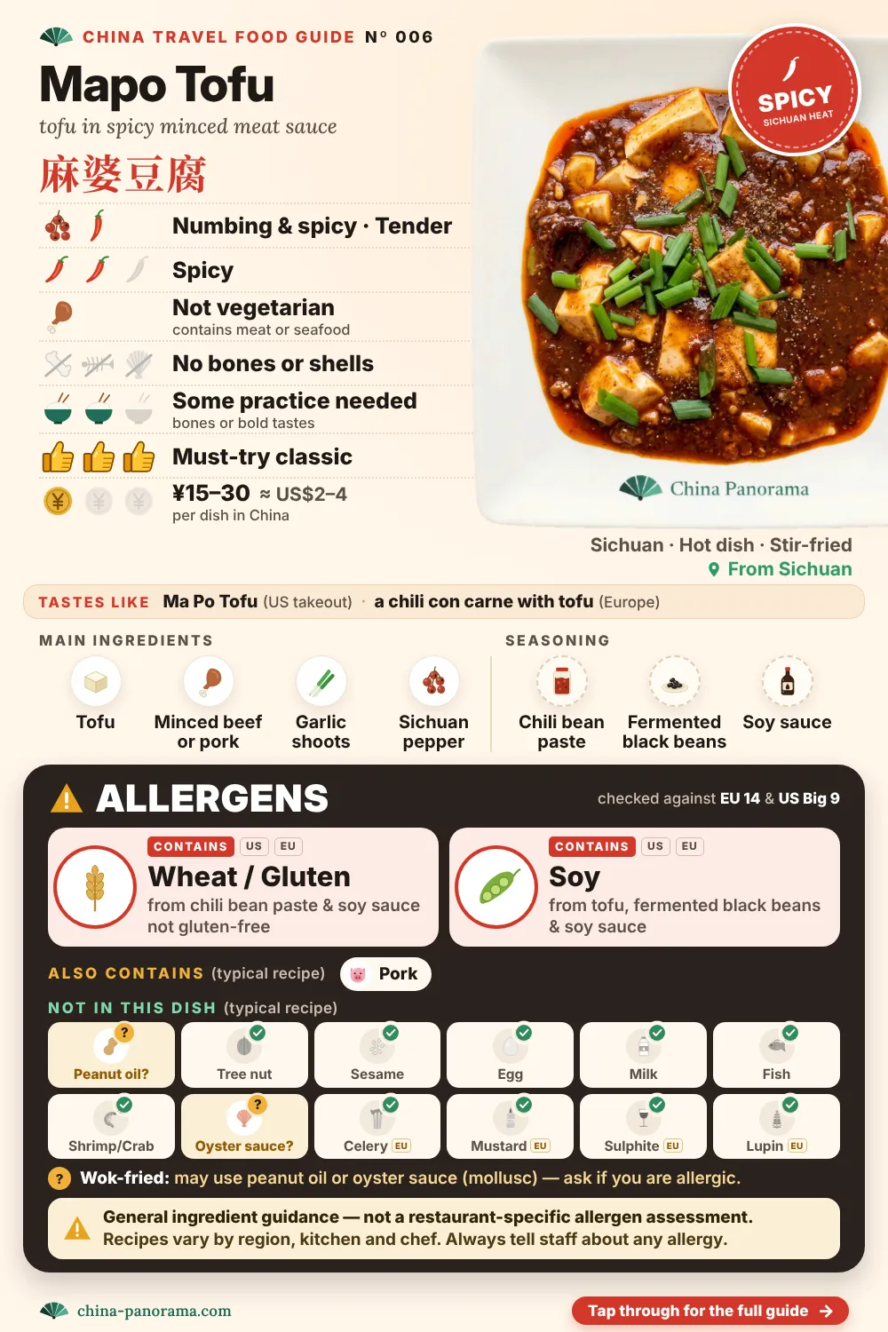 Dish guide card for Mapo Tofu (麻婆豆腐): a top-down photo of the dish on a plate, with icons showing it contains wheat / gluten & soy, not vegetarian, numbing & spicy flavor, spicy, no bones or shells, about ¥15–30.