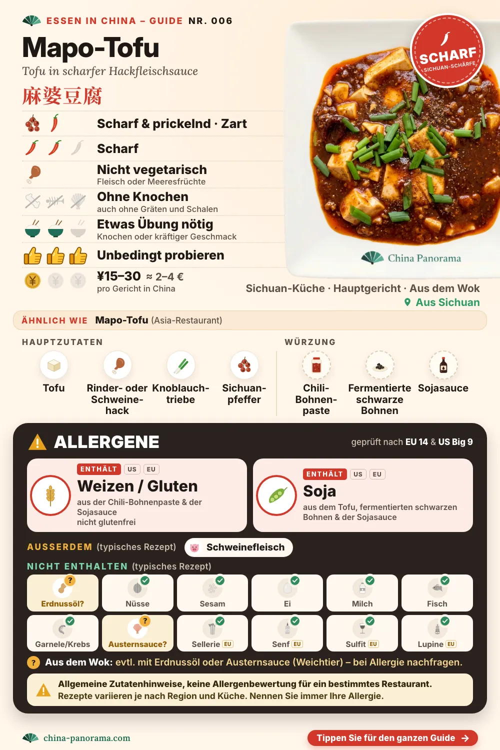 Gerichtkarte für Mapo-Tofu (麻婆豆腐): Foto des Gerichts von oben auf einem Teller, dazu Symbole – enthält Weizen / Gluten und Soja, nicht vegetarisch, scharf und prickelnd im Geschmack, scharf, ohne Knochen und Schalen, etwa ¥15–30.