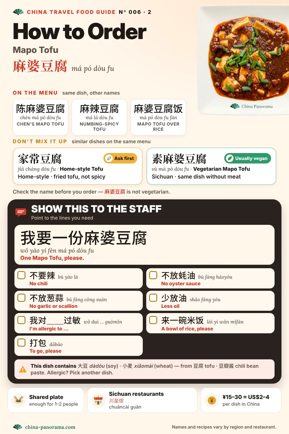 How to order Mapo Tofu (麻婆豆腐) in China: other menu names (陈麻婆豆腐, 麻辣豆腐, 麻婆豆腐饭), similar dishes not to confuse (家常豆腐, 素麻婆豆腐), and a Chinese order card with phrases like no chili, no oyster sauce and I'm allergic to.
