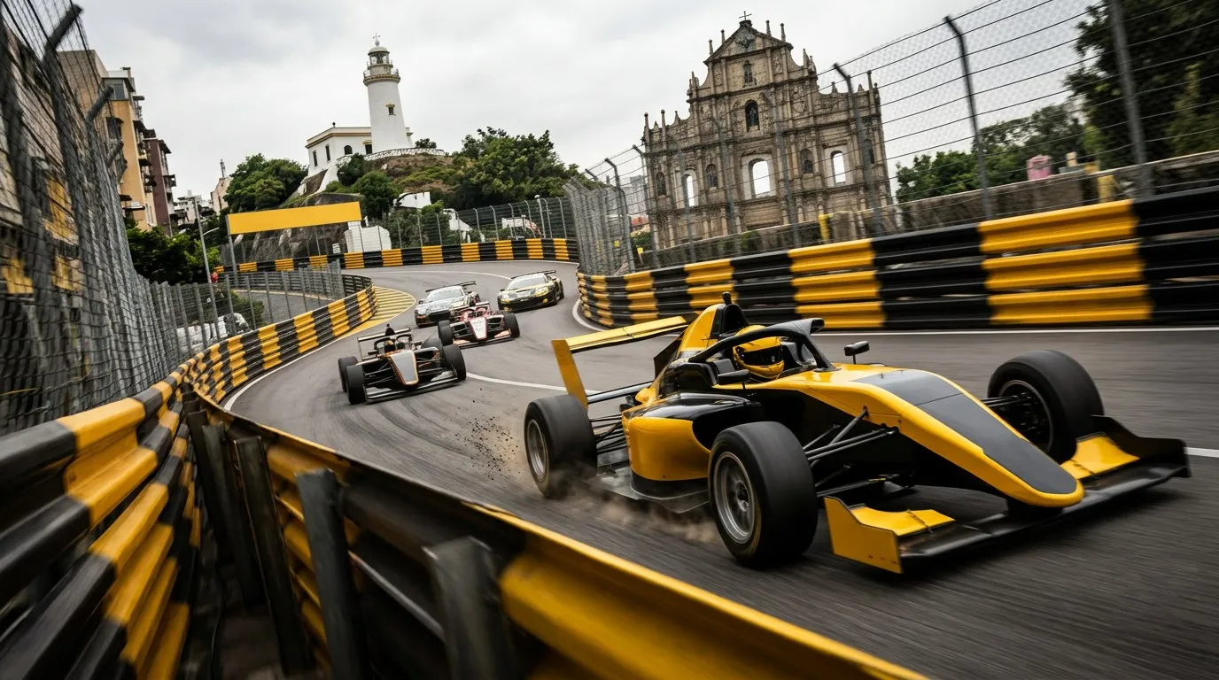 AI-generated illustration, not a photograph: a yellow-and-black single-seater racing car leads other single-seaters and two GT cars round a bend between yellow-and-black barriers and catch fences; a white lighthouse on a wooded hill and the stone façade of a ruined church behind