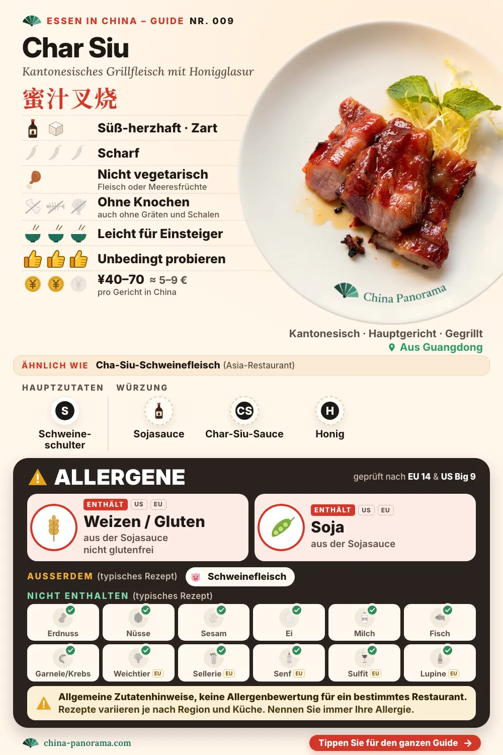 Gerichtkarte für kantonesisches Grillfleisch mit Honigglasur (蜜汁叉烧): Foto des Gerichts, dazu Symbole – enthält Weizen / Gluten und Soja, nicht vegetarisch, süß-herzhaft mit Sojasauce, nicht scharf, ohne Knochen und Schalen, etwa ¥40–70.