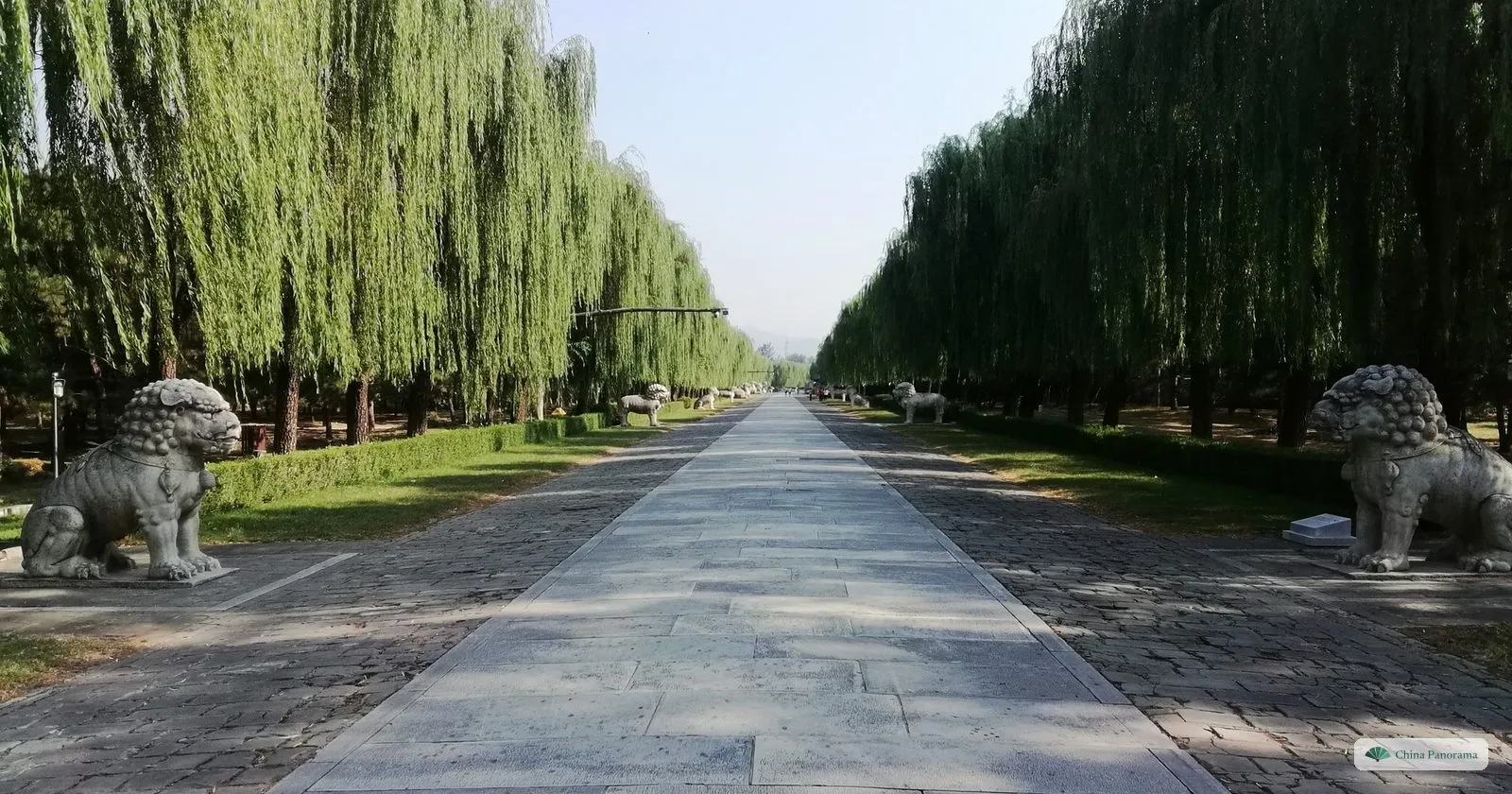 The Sacred Way of the Ming Tombs, a paved avenue between willows with a pair of stone lions facing each other