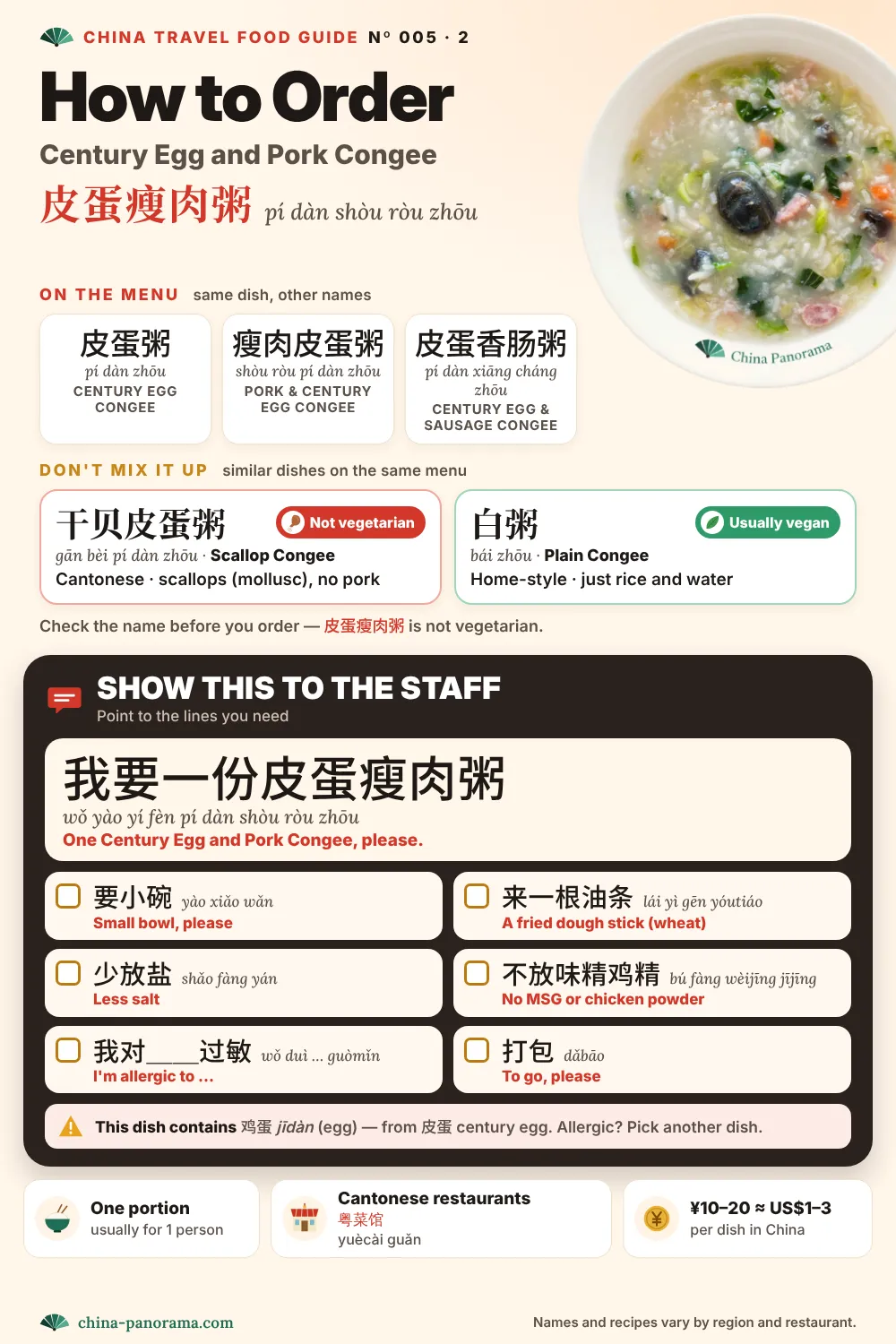 How to order Century Egg and Pork Congee (皮蛋瘦肉粥) in China: other menu names (皮蛋粥, 瘦肉皮蛋粥, 皮蛋香肠粥), similar dishes not to confuse (干贝皮蛋粥, 白粥), and a Chinese order card with phrases like small bowl, a fried dough stick, no MSG and I'm allergic to.