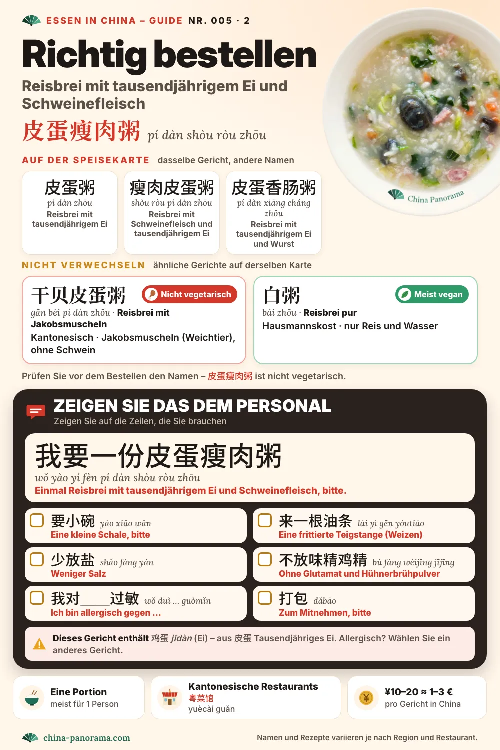 So bestellen Sie Reisbrei mit tausendjährigem Ei und Schweinefleisch (皮蛋瘦肉粥) in China: andere Namen auf der Speisekarte (皮蛋粥, 瘦肉皮蛋粥, 皮蛋香肠粥), ähnliche Gerichte, die Sie nicht verwechseln sollten (干贝皮蛋粥, 白粥), und eine chinesische Bestellkarte mit Sätzen wie kleine Schale, eine frittierte Teigstange, ohne Glutamat und „Ich bin allergisch gegen …“.