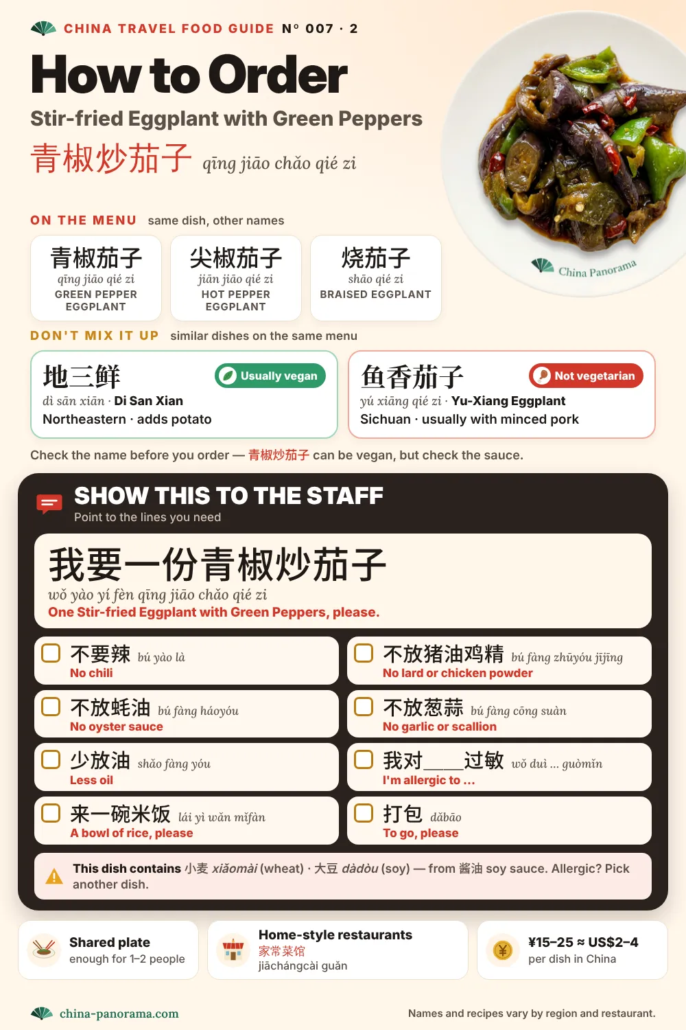 How to order Stir-fried Eggplant with Green Peppers (青椒炒茄子) in China: other menu names (青椒茄子, 尖椒茄子, 烧茄子), similar dishes not to confuse (地三鲜, 鱼香茄子), and a Chinese order card with phrases like no chili, no oyster sauce and I'm allergic to.