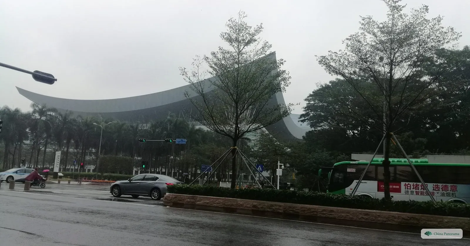 The long, curved grey roof of the Shenzhen Civic Center rising over palm trees on a rainy day, seen across a wet road with a passing car and a green bus