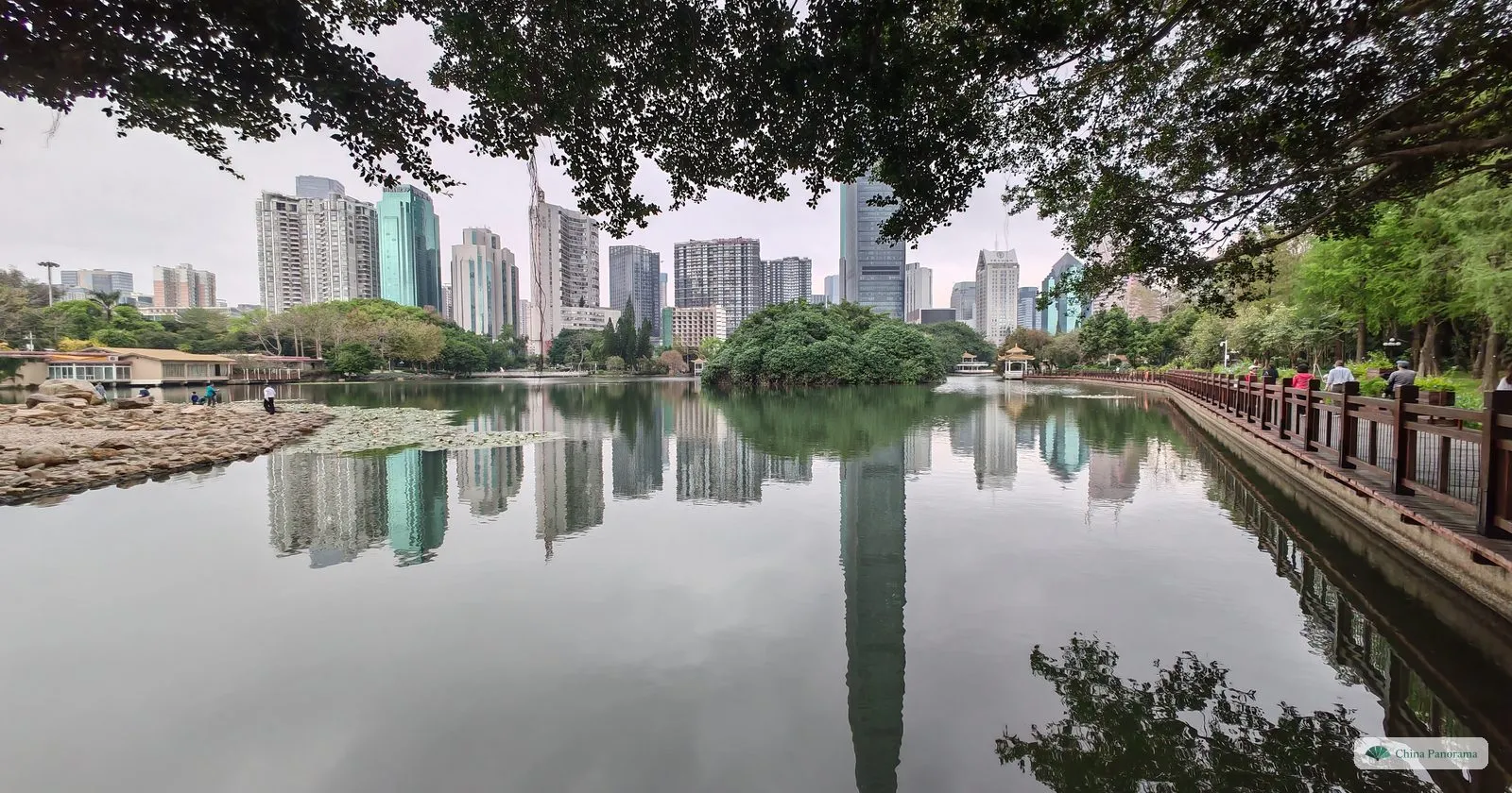 A still lake in Lizhi Park under overhanging branches, the towers of Futian and Luohu reflected almost perfectly in the water, with a stone embankment and railing on the right