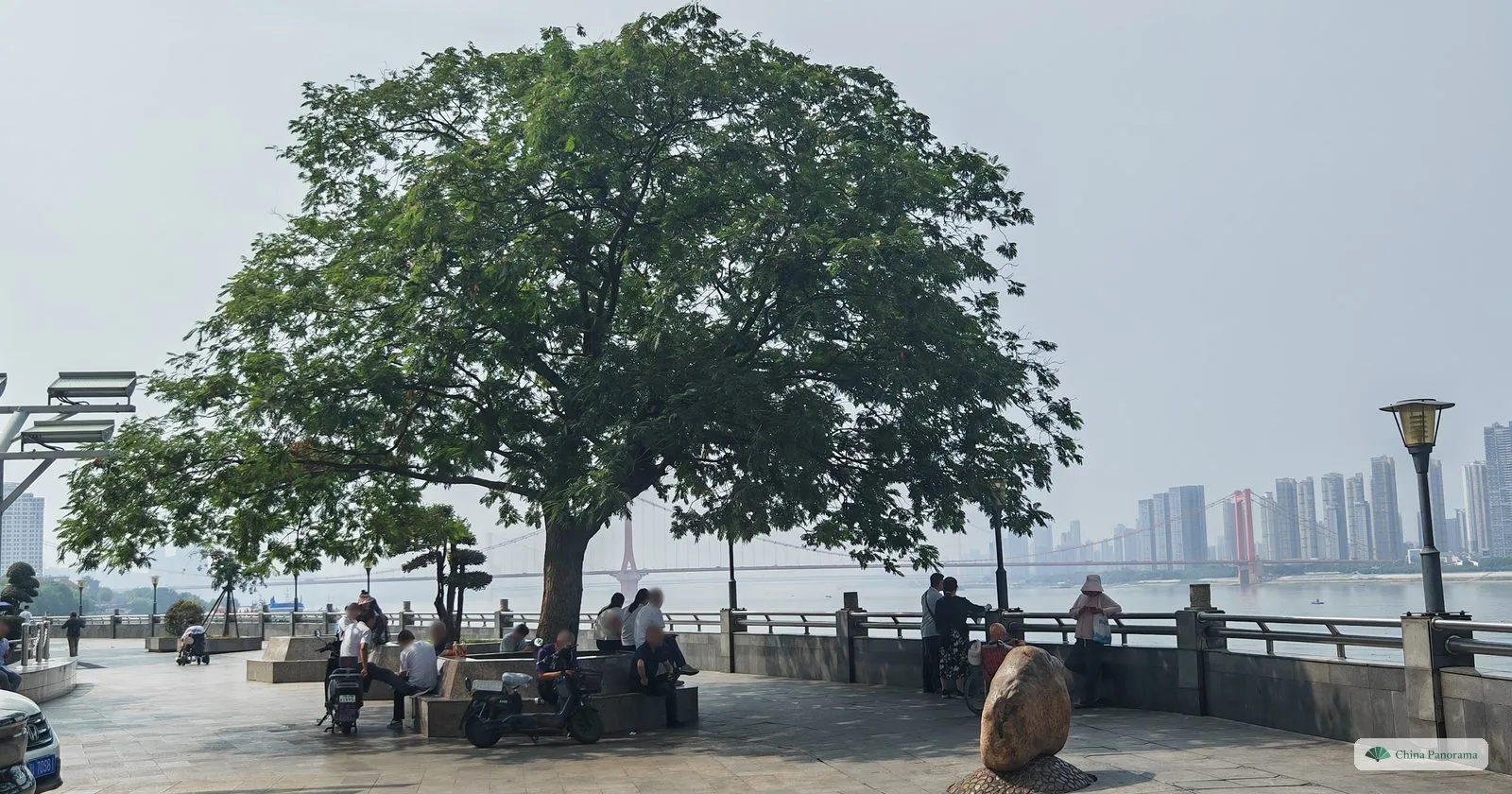 A paved riverside promenade with a broad tree, people sitting on benches and a round boulder, a wide river and a line of towers on the far bank in the haze