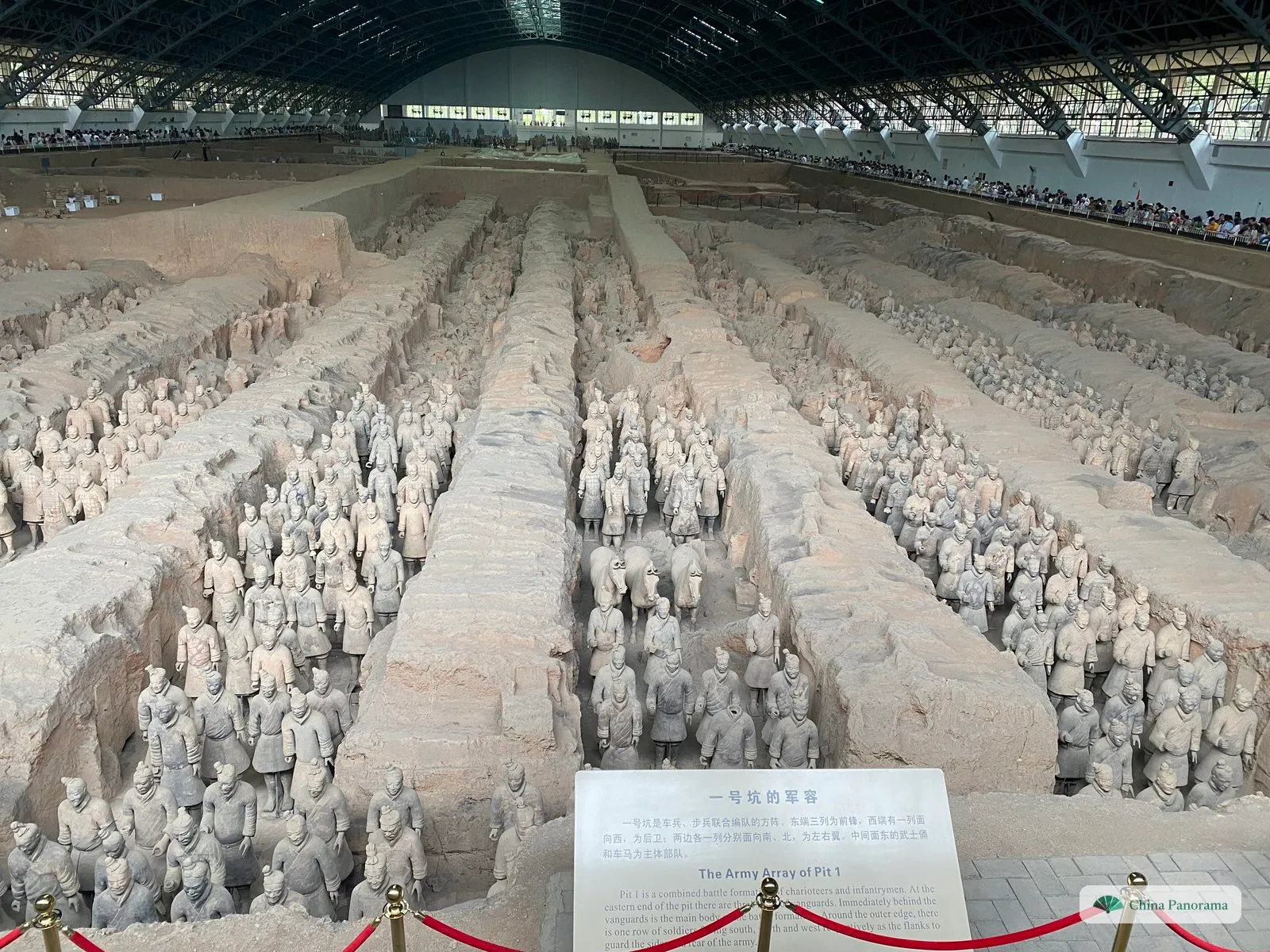 Pit 1 of the Terracotta Army seen from the east end: ranks of clay soldiers and four chariot horses in corridors between rammed-earth walls, an information board at the railing and visitors along the gallery on the right