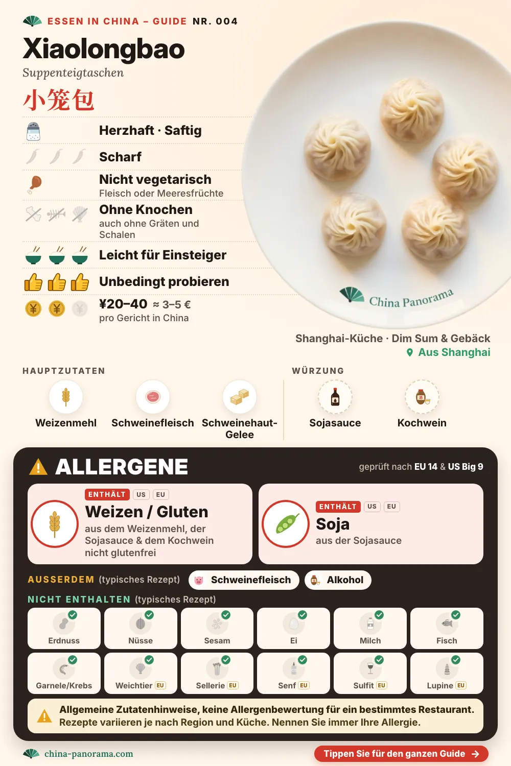 Gerichtkarte für Xiaolongbao, Suppenteigtaschen (小笼包): Foto des Gerichts, dazu Symbole – enthält Weizen / Gluten und Soja, nicht vegetarisch, herzhaft und saftig, nicht scharf, ohne Knochen und Schalen, etwa ¥20–40.