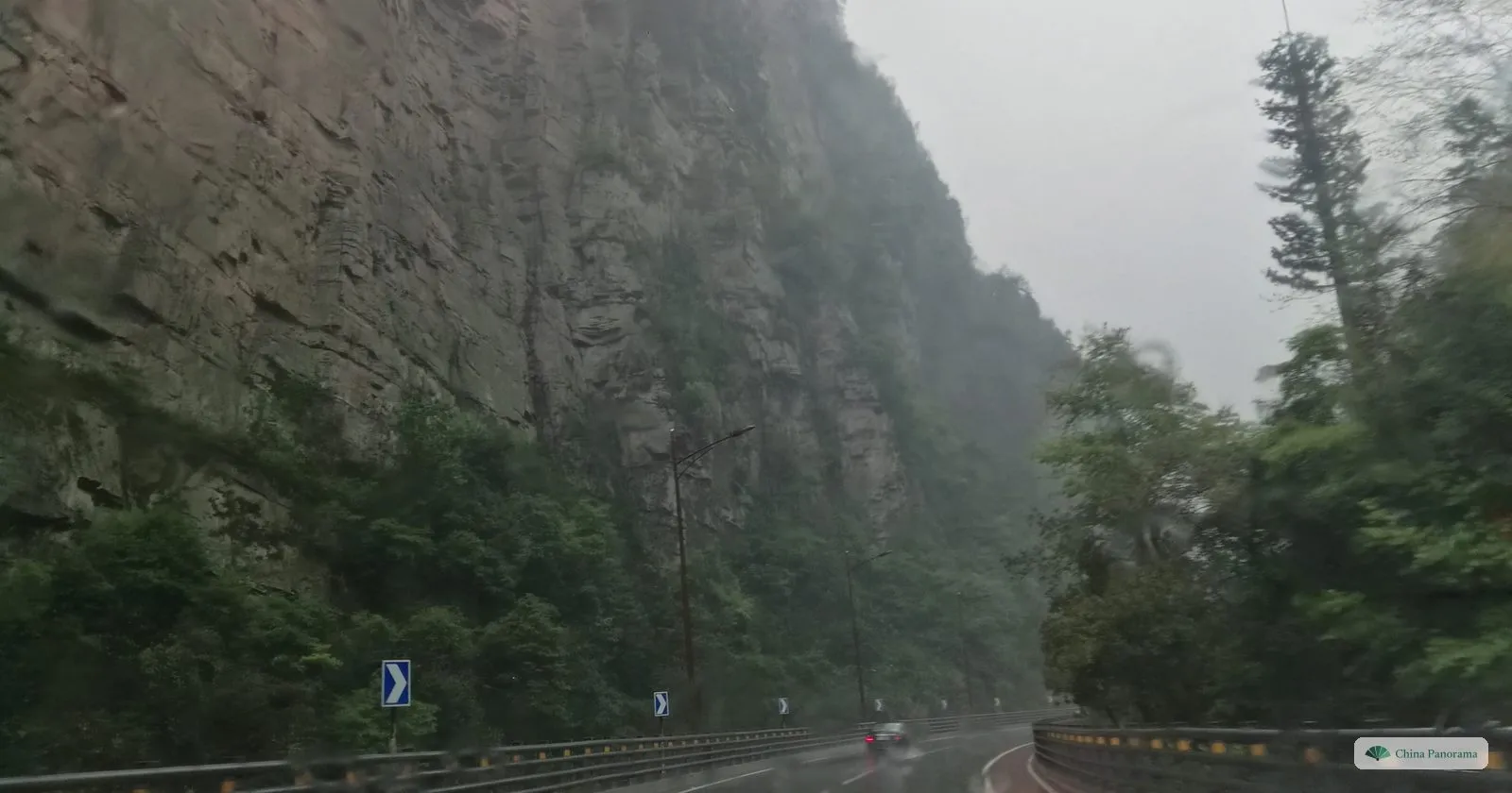 A sheer grey cliff with horizontal rock layers above a road with a guardrail, a single tall conifer on the right and mist over the top