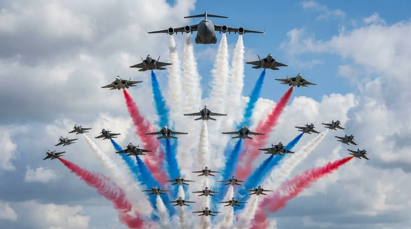AI-generated illustration, not a photograph: a large four-engined transport aircraft leading some thirty fighter jets in a fan-shaped formation, trailing red, white and blue smoke against a cloudy sky
