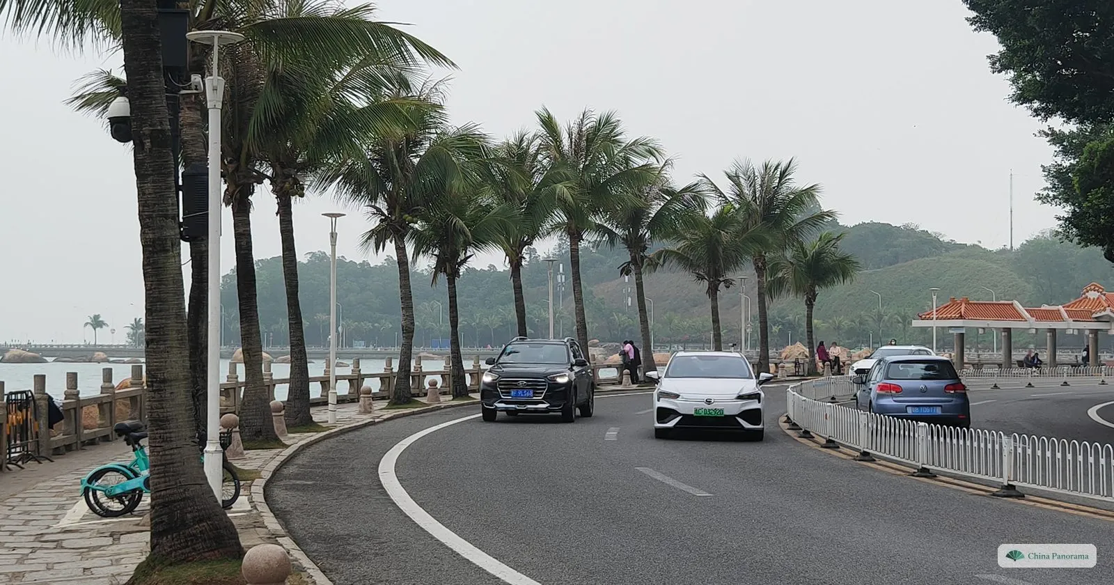 A curving seafront road lined with tall coconut palms, cars on the road, a promenade with railings and a pavilion with an orange roof on the right